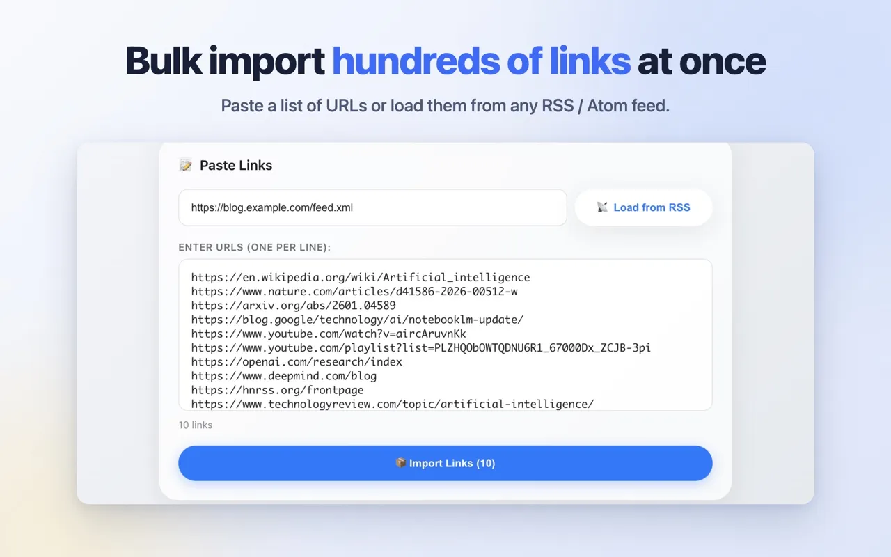 The Bulk Import panel with an RSS feed URL, the Load from RSS button, a list of ten links and the Import Links button