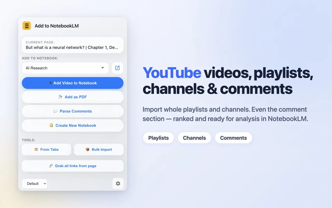 The extension popup on a YouTube video page, with the Add Video to Notebook, Add as PDF and Parse Comments buttons