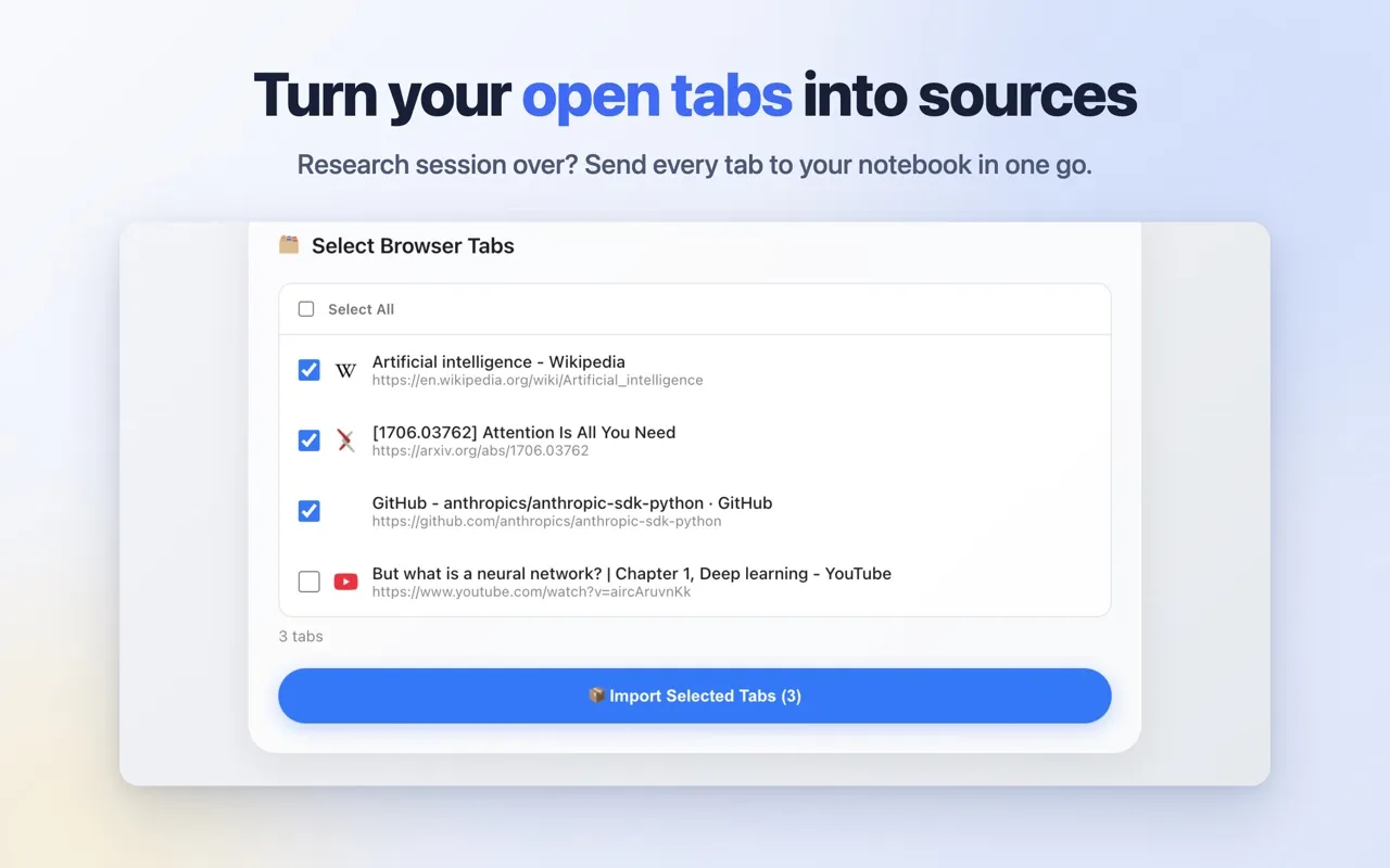 The Select Browser Tabs list with three of four open tabs checked and the Import Selected Tabs button