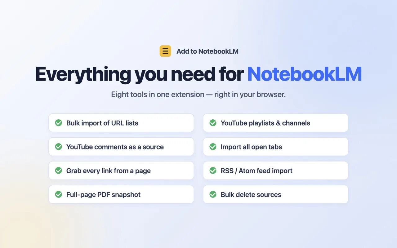 A grid of eight features: bulk import of URL lists, YouTube playlists and channels, YouTube comments as a source, import all open tabs, grab every link from a page, RSS and Atom feed import, full-page PDF snapshot, bulk delete of sources